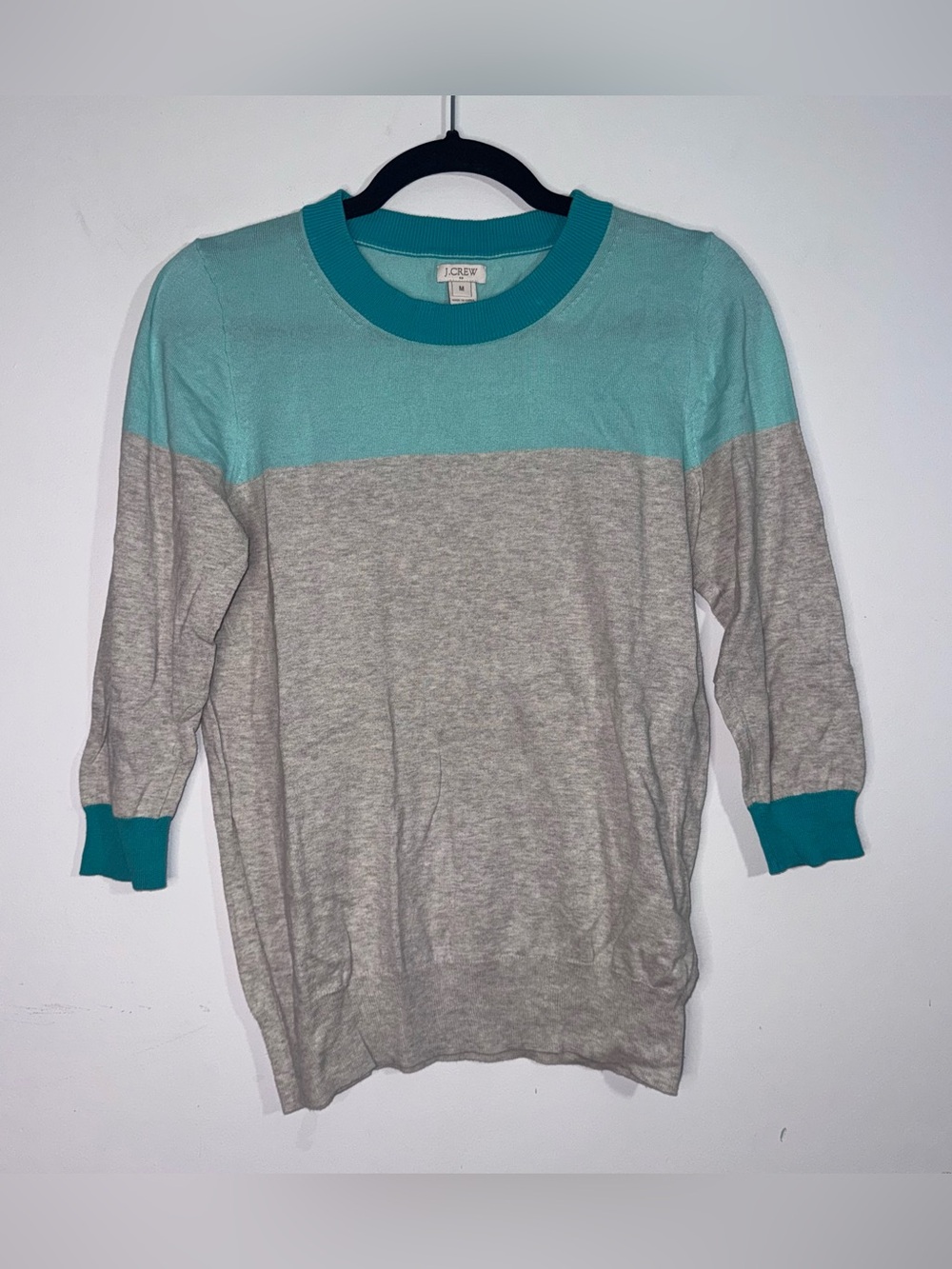 J.Crew Colorblock Crewneck Sweater Aqua Gray 100% Cotton 3/4 Sleeve Women’s M